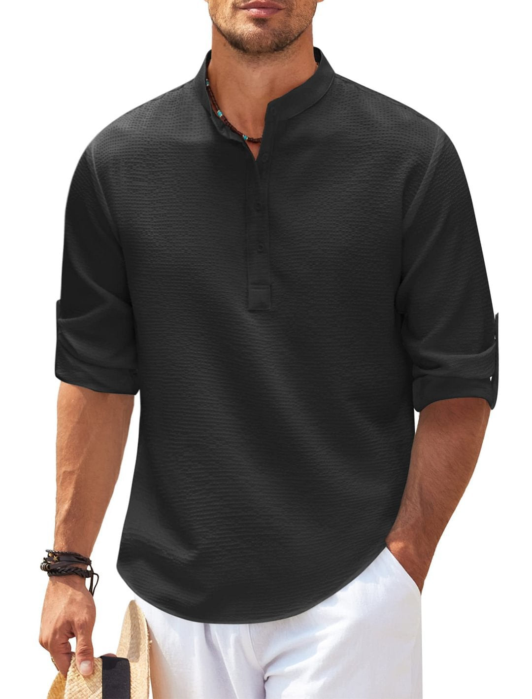 Men's Casual Shirt Long Sleeve Stand Collar Solid Color Shirt Mens Clothing - J Micheal
