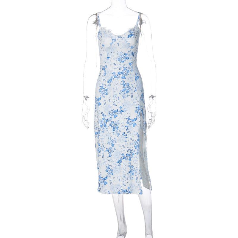 Lace Flowers Print Long Dress Sexy Fashion Slit Suspender Dress Summer Womens Clothing - J Micheal