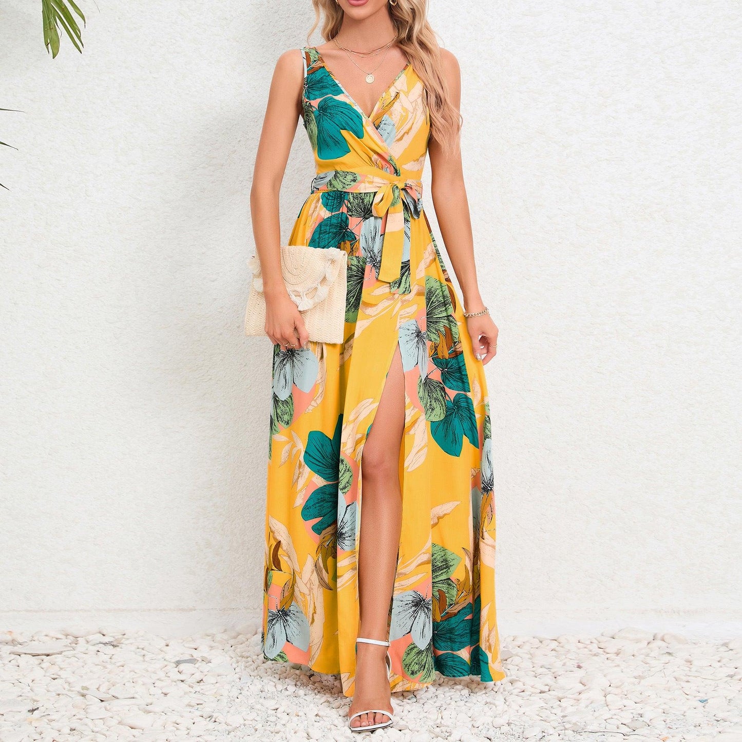 V-neck Floral Print Long Dress Summer Fashion Waist Tie Slit Design Sleeveless Dress For Womens Clothing - J Micheal