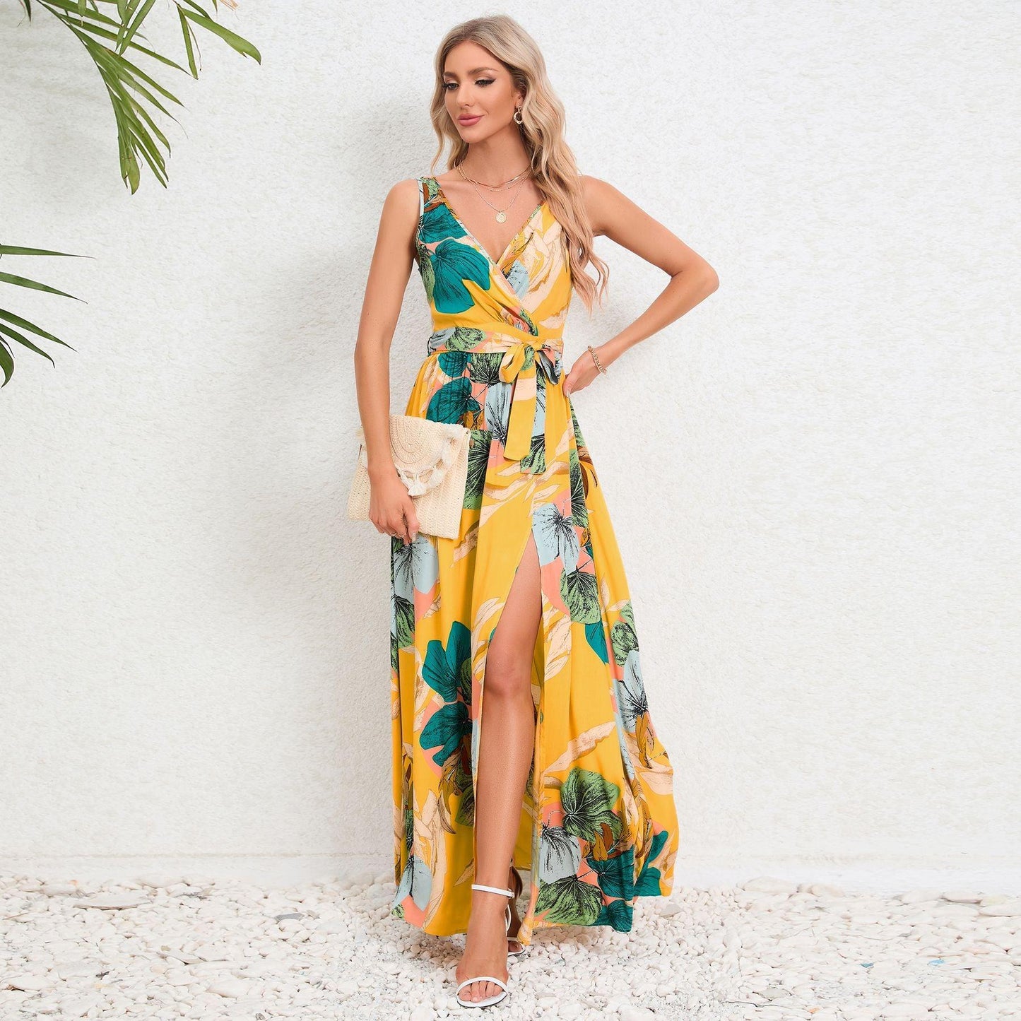V-neck Floral Print Long Dress Summer Fashion Waist Tie Slit Design Sleeveless Dress For Womens Clothing - J Micheal