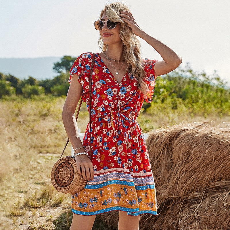 Spring Clothes V-neck Printing Dress Women - J Micheal