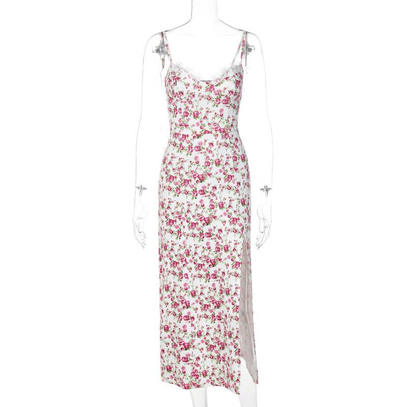Lace Flowers Print Long Dress Sexy Fashion Slit Suspender Dress Summer Womens Clothing - J Micheal