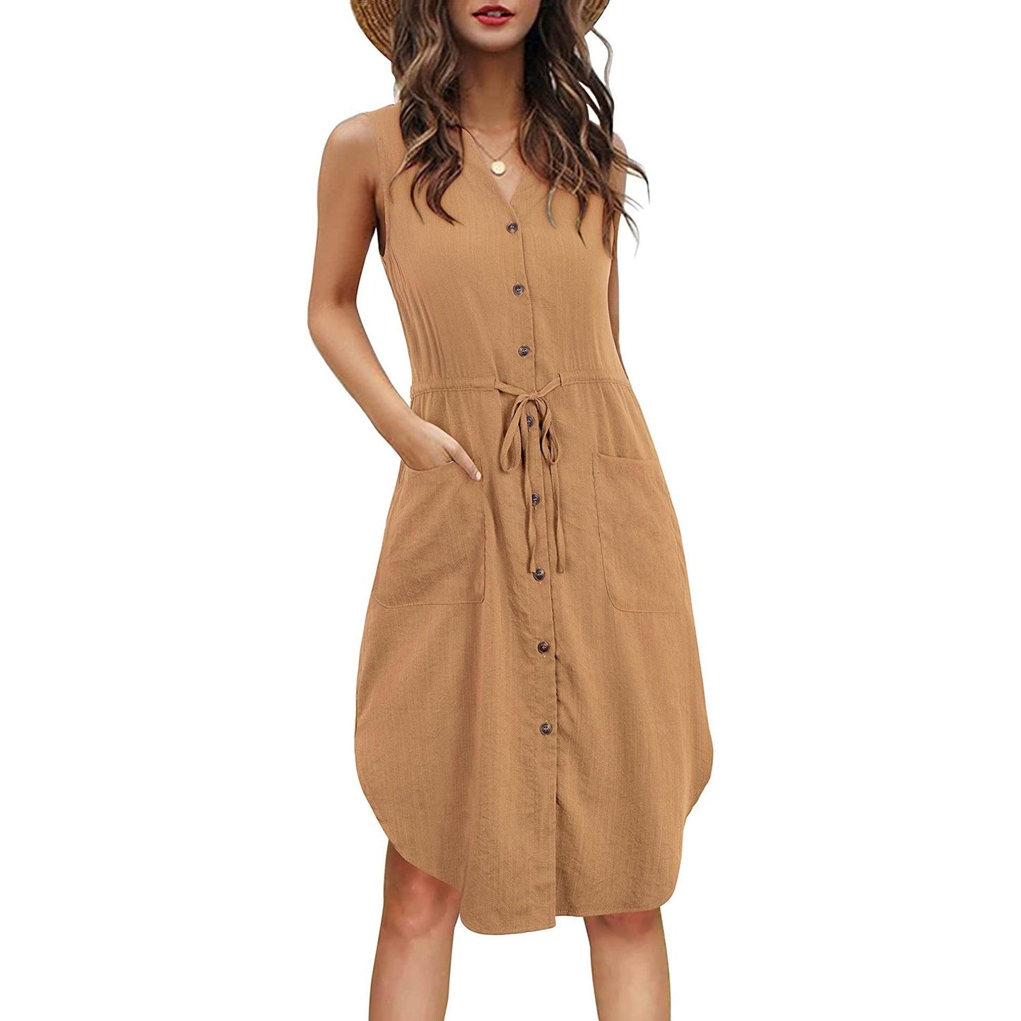 Sleeveless V-neck Buttoned Dress With Pockets Fashion Casual Waist Tie Design Summer Dress Womens Clothing - J Micheal