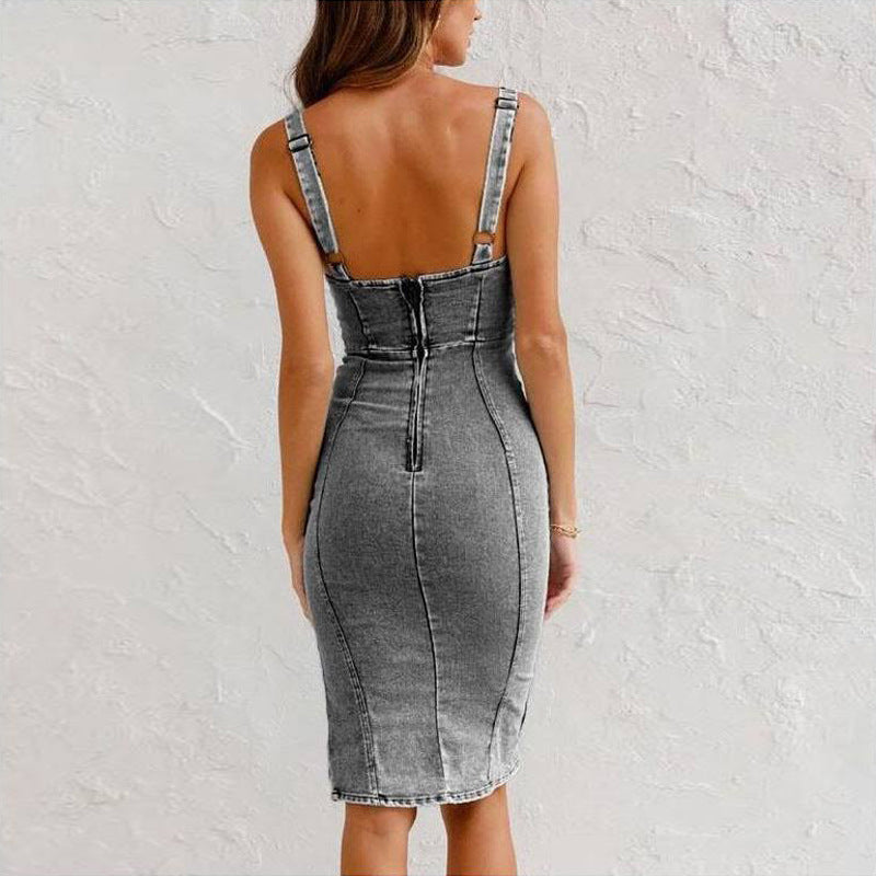 New U-neck Suspender Denim Dress Summer Casual Tight Slim Fit Dresses With Slit Design Womens Clothing - J Micheal