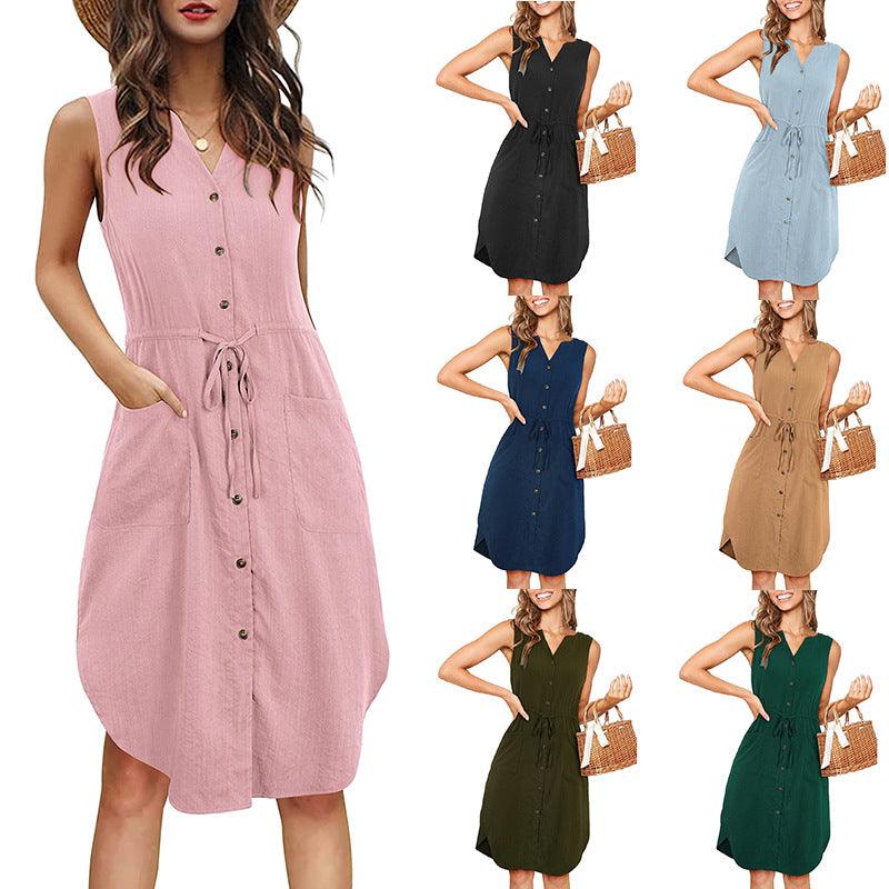 Sleeveless V-neck Buttoned Dress With Pockets Fashion Casual Waist Tie Design Summer Dress Womens Clothing - J Micheal
