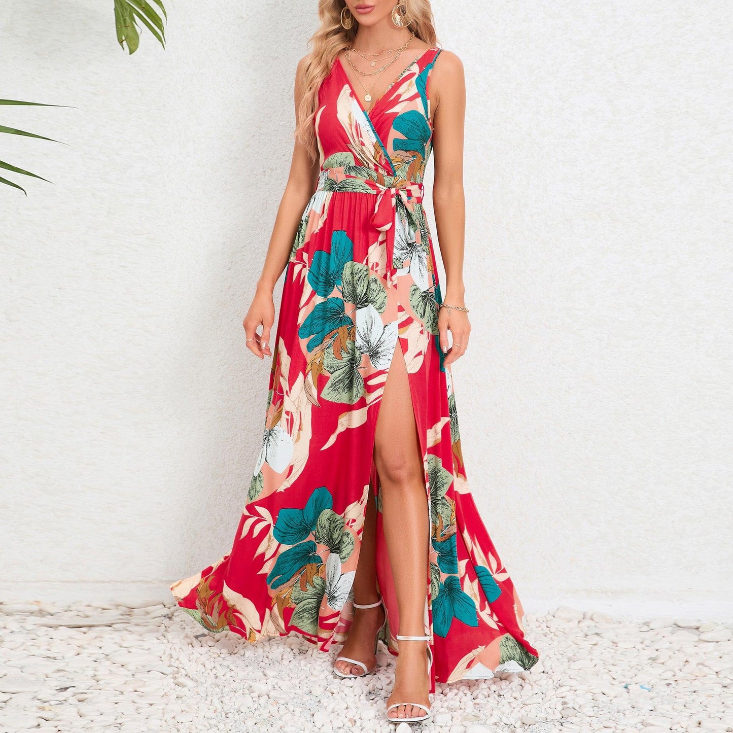 V-neck Floral Print Long Dress Summer Fashion Waist Tie Slit Design Sleeveless Dress For Womens Clothing - J Micheal