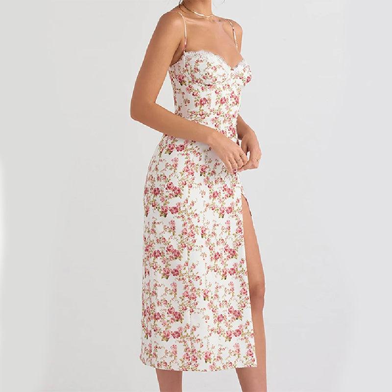Lace Flowers Print Long Dress Sexy Fashion Slit Suspender Dress Summer Womens Clothing - J Micheal