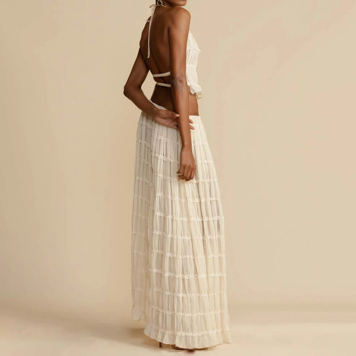 2pcs Women's Dress Suit Sexy Sleeveless Backless Cropped Halter Top And Pleated Long Dress - J Micheal