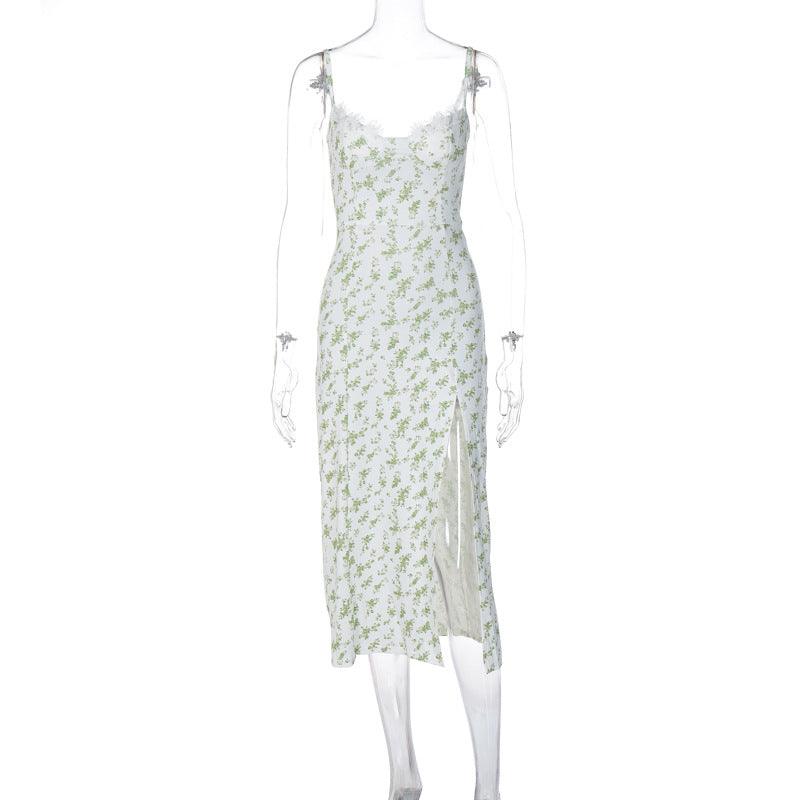 Lace Flowers Print Long Dress Sexy Fashion Slit Suspender Dress Summer Womens Clothing - J Micheal