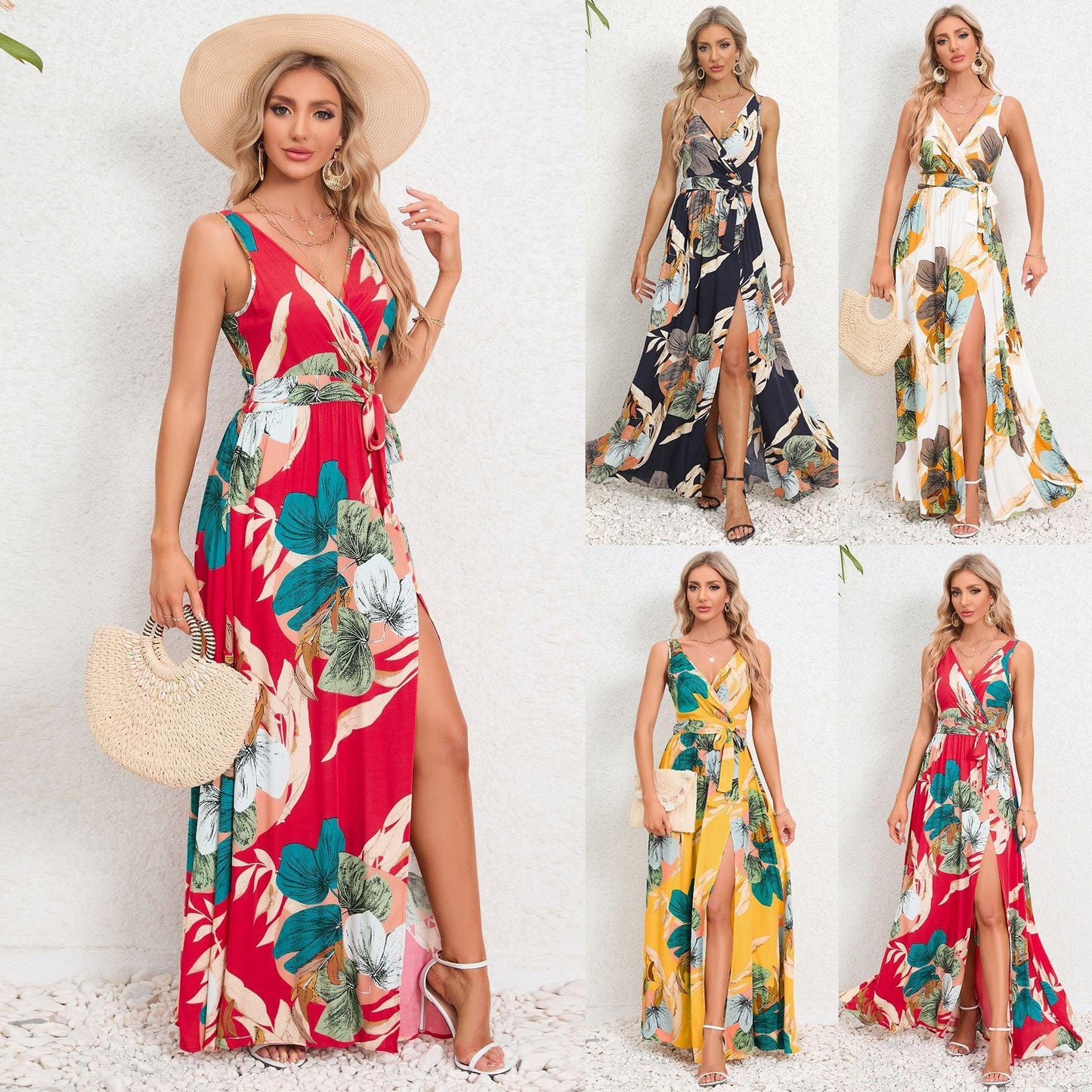 V-neck Floral Print Long Dress Summer Fashion Waist Tie Slit Design Sleeveless Dress For Womens Clothing - J Micheal