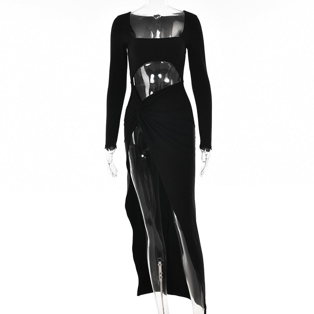 Womens Clothing Long Sleeve Dress Fashion Hollow U-neck Split Dress Party Wedding - J Micheal