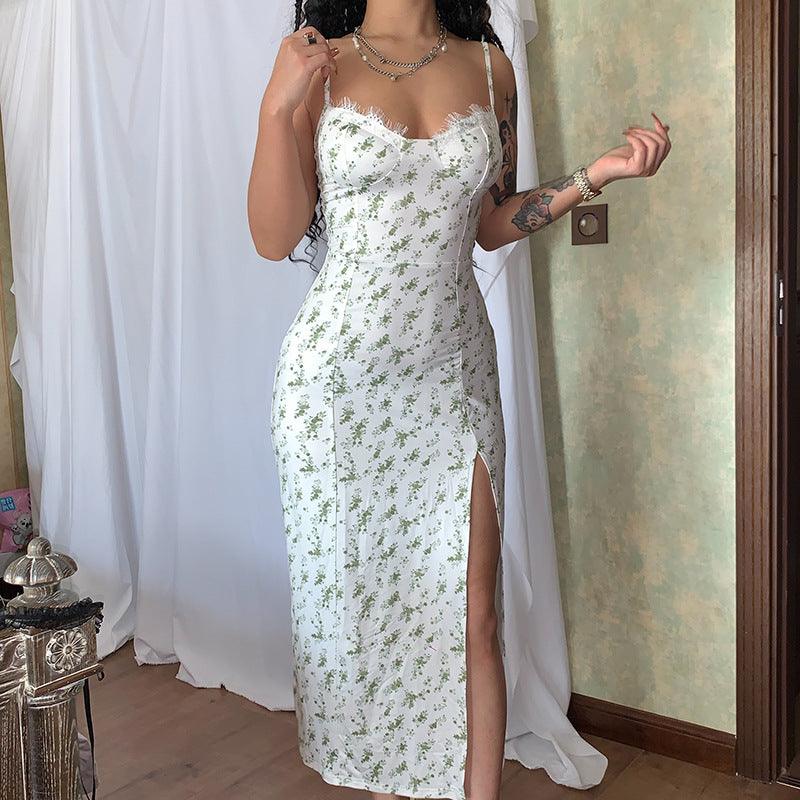 Lace Flowers Print Long Dress Sexy Fashion Slit Suspender Dress Summer Womens Clothing - J Micheal