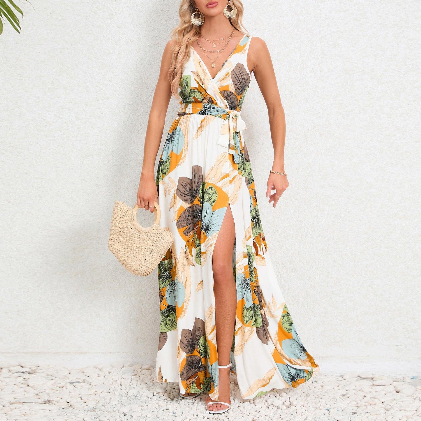 V-neck Floral Print Long Dress Summer Fashion Waist Tie Slit Design Sleeveless Dress For Womens Clothing - J Micheal