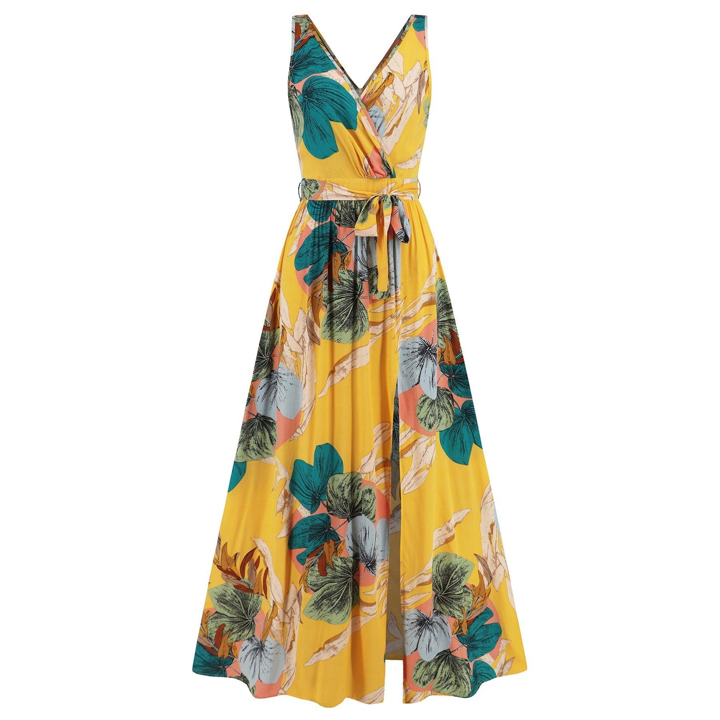 V-neck Floral Print Long Dress Summer Fashion Waist Tie Slit Design Sleeveless Dress For Womens Clothing - J Micheal