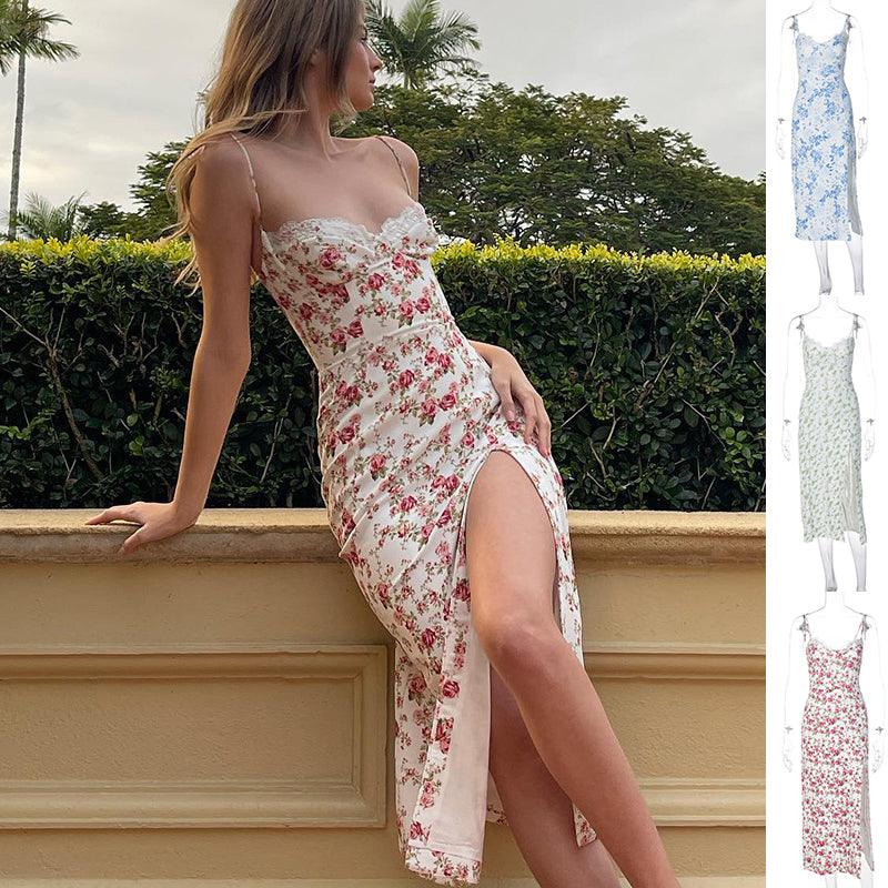 Lace Flowers Print Long Dress Sexy Fashion Slit Suspender Dress Summer Womens Clothing - J Micheal