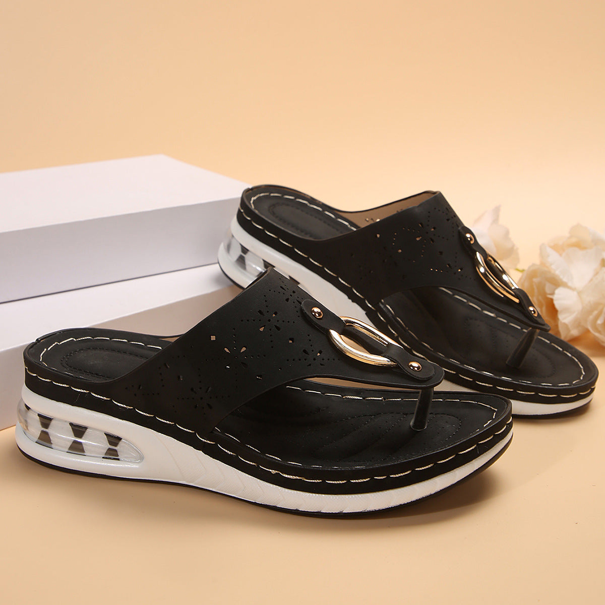New Air Cushion Thong Sandals Summer Flip Flops Hollow Metal Buckle Wedges Shoes For Women Thick Sole Beach Shoes - J Micheal