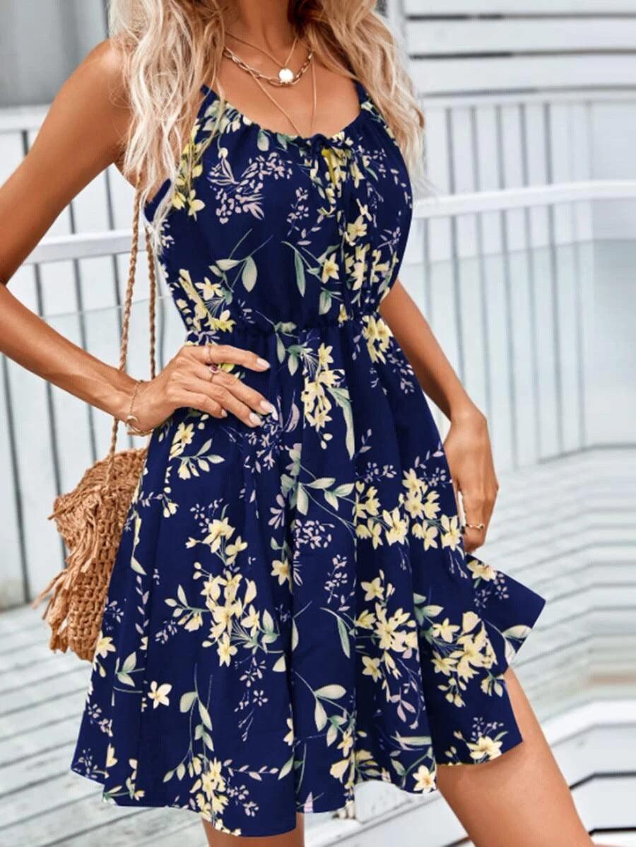 Floral Print Suspender Dress With Elastic Waist Design Fashion Summer Short Dresses Womens Clothing - J Micheal