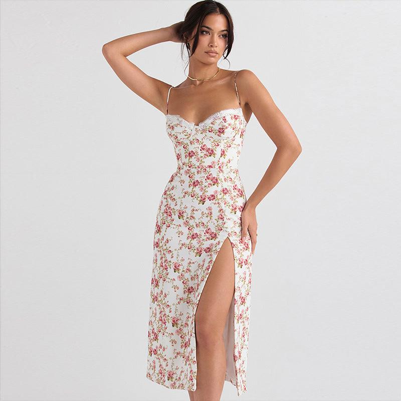 Lace Flowers Print Long Dress Sexy Fashion Slit Suspender Dress Summer Womens Clothing - J Micheal