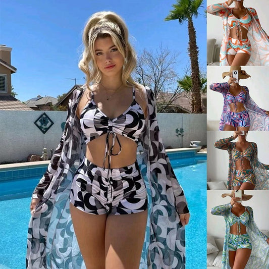 3pcs Pring Bikini With Long Sleeve Cardigan Fashion Summer Beach Swimsuit Women - J Micheal