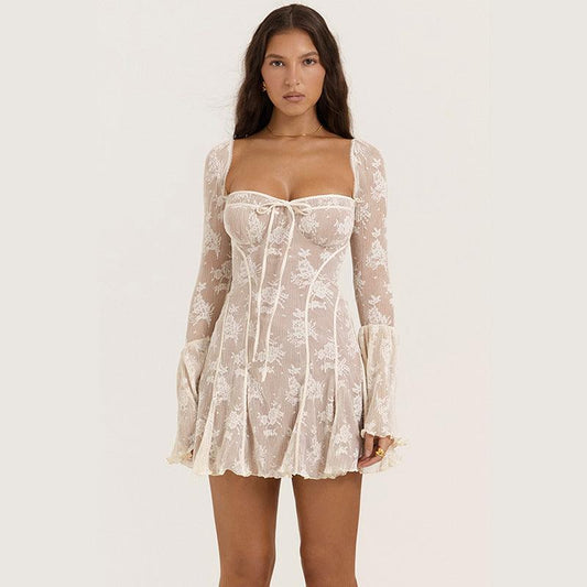 Lace Square Collar Dress Bell-bottom Long Sleeve Tied A- Line Dresses Womens Clothing - J Micheal