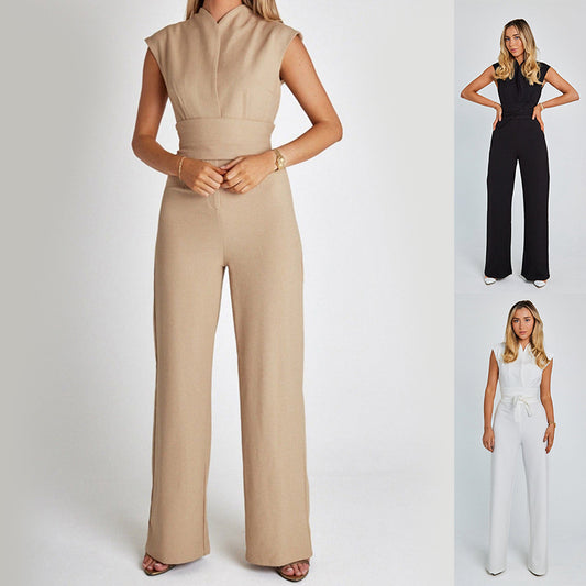 Fashion Elegant Long Sleeveless Jumpsuit Summer V-neck Casual Wide Leg Long Overalls Clothing For Women - J Micheal