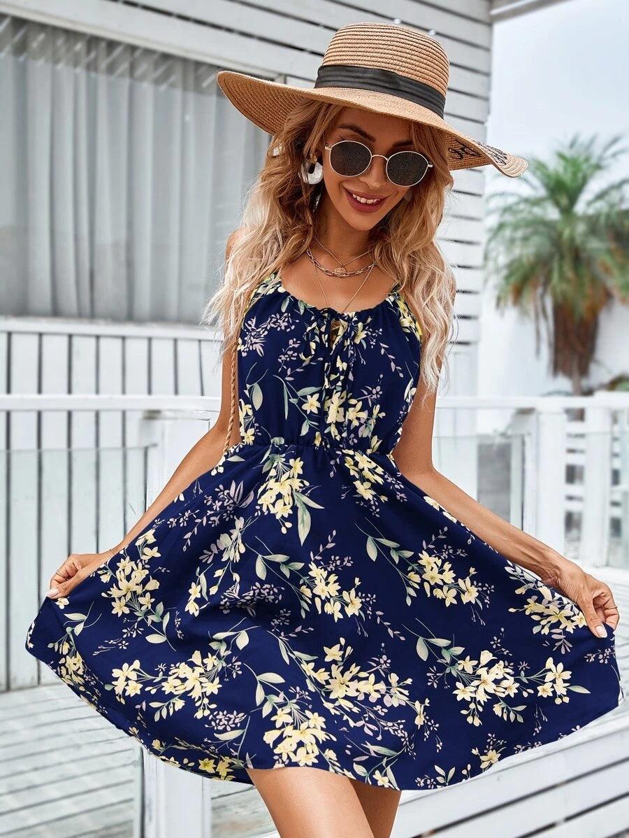 Floral Print Suspender Dress With Elastic Waist Design Fashion Summer Short Dresses Womens Clothing - J Micheal