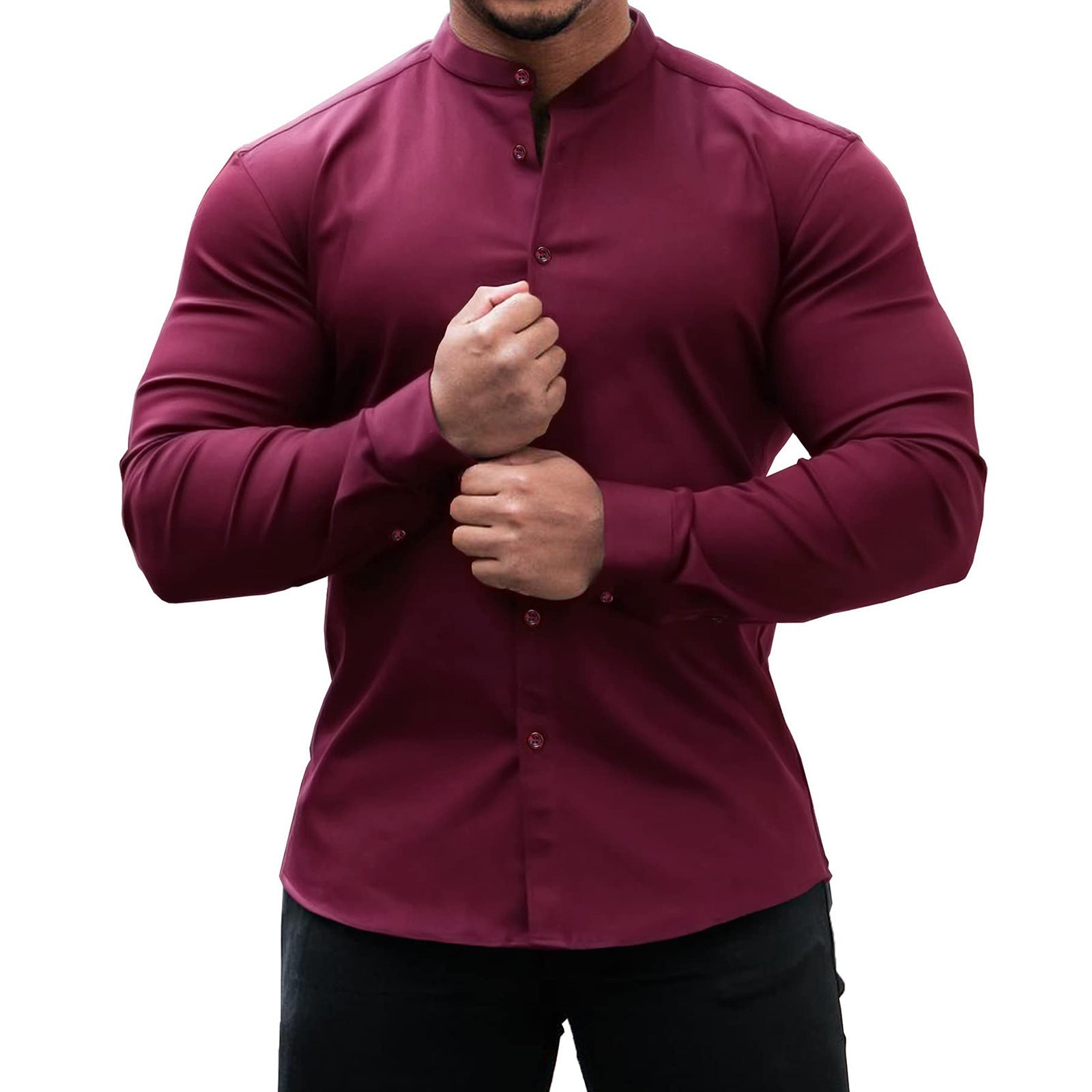 Long Sleeve Shirt Men Casual Button Down Slim Tops Solid Color Casual Mens Clothing - J Micheal