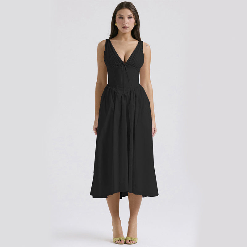 V-neck A-line Dress Summer Pleated Floral Print Tight Waist Swing Dresses With Pockets Womens Clothing - J Micheal
