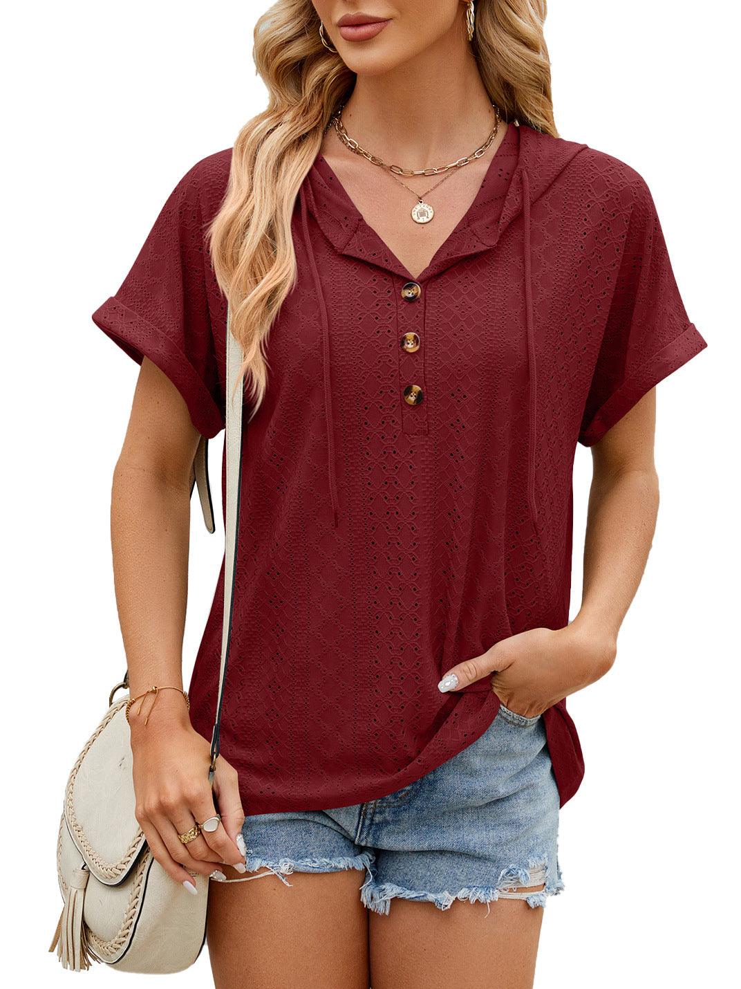 New Solid Color Hooded Button T-shirt Loose Hollow Design Short-sleeved Top For Womens Clothing - J Micheal