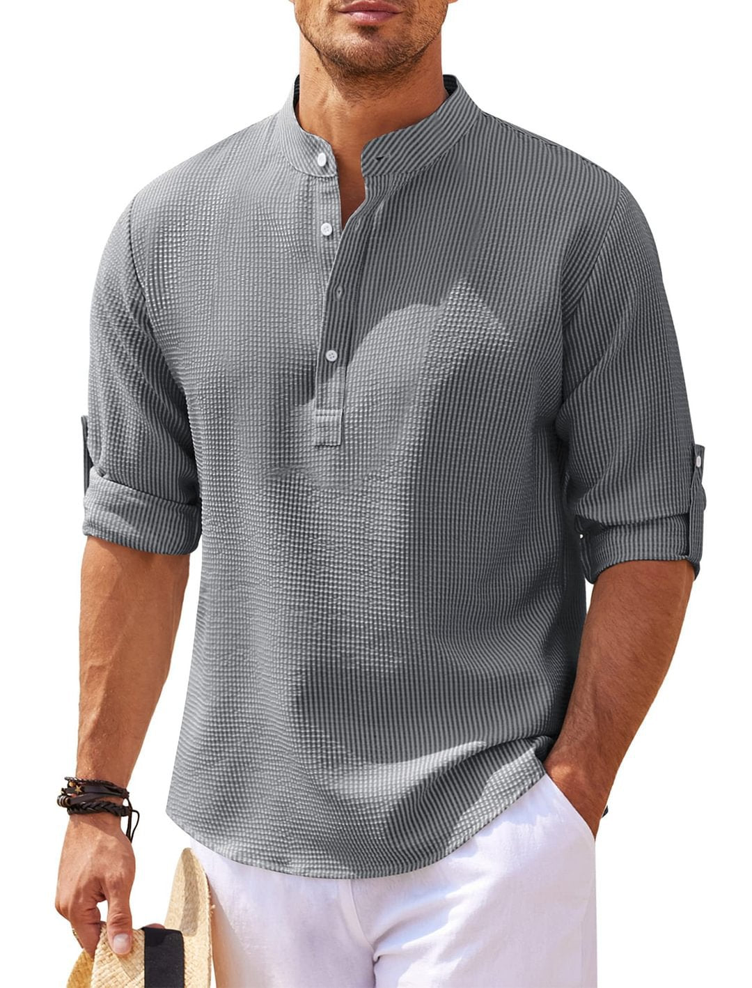 Men's Casual Shirt Long Sleeve Stand Collar Solid Color Shirt Mens Clothing - J Micheal