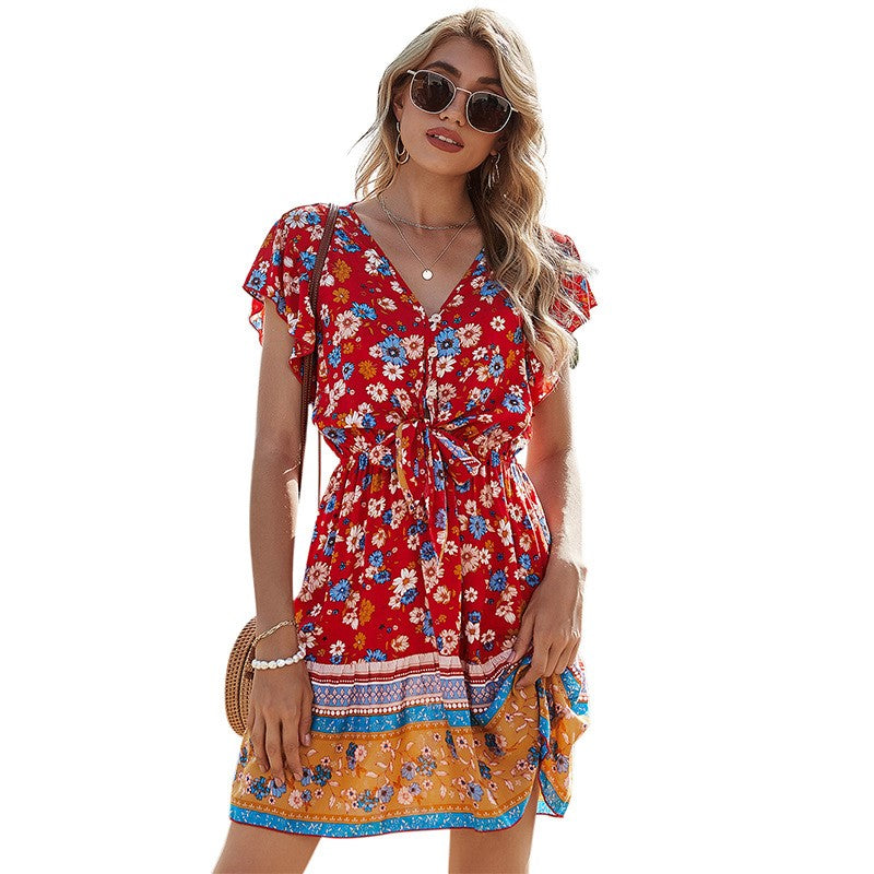 Spring Clothes V-neck Printing Dress Women - J Micheal