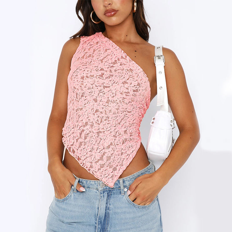 Lace Backless Top Summer Solid Color Waistless Asymmetrical Sloped Neck Vest Streetwear Womens Clothes - J Micheal