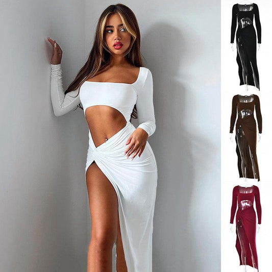 Womens Clothing Long Sleeve Dress Fashion Hollow U-neck Split Dress Party Wedding - J Micheal
