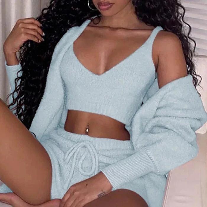 3pcs Womens Clothing Long Sleeve Crop Tank Top And Drawstring Shorts Pajama Set - J Micheal