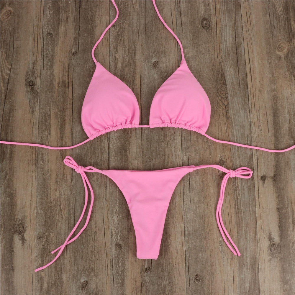 2pcs Halterneck Lace-up Bikini Women Summer Solid Color Sexy Split Strap Adjustable Swimsuit Suit - J Micheal