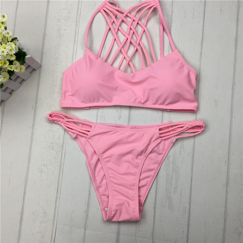 cut out Bikinis Sexy pink bandage cut out Halter bikini swimsuit women cross Women's swimwear swimming suit - J Micheal