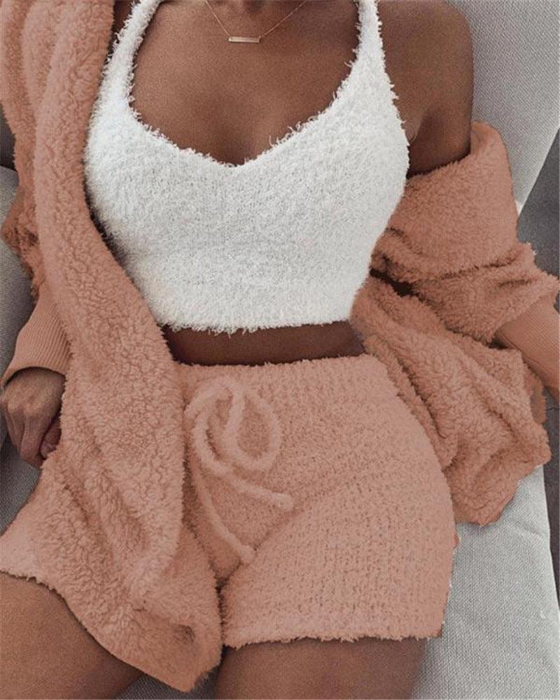 3pcs Womens Clothing Long Sleeve Crop Tank Top And Drawstring Shorts Pajama Set - J Micheal