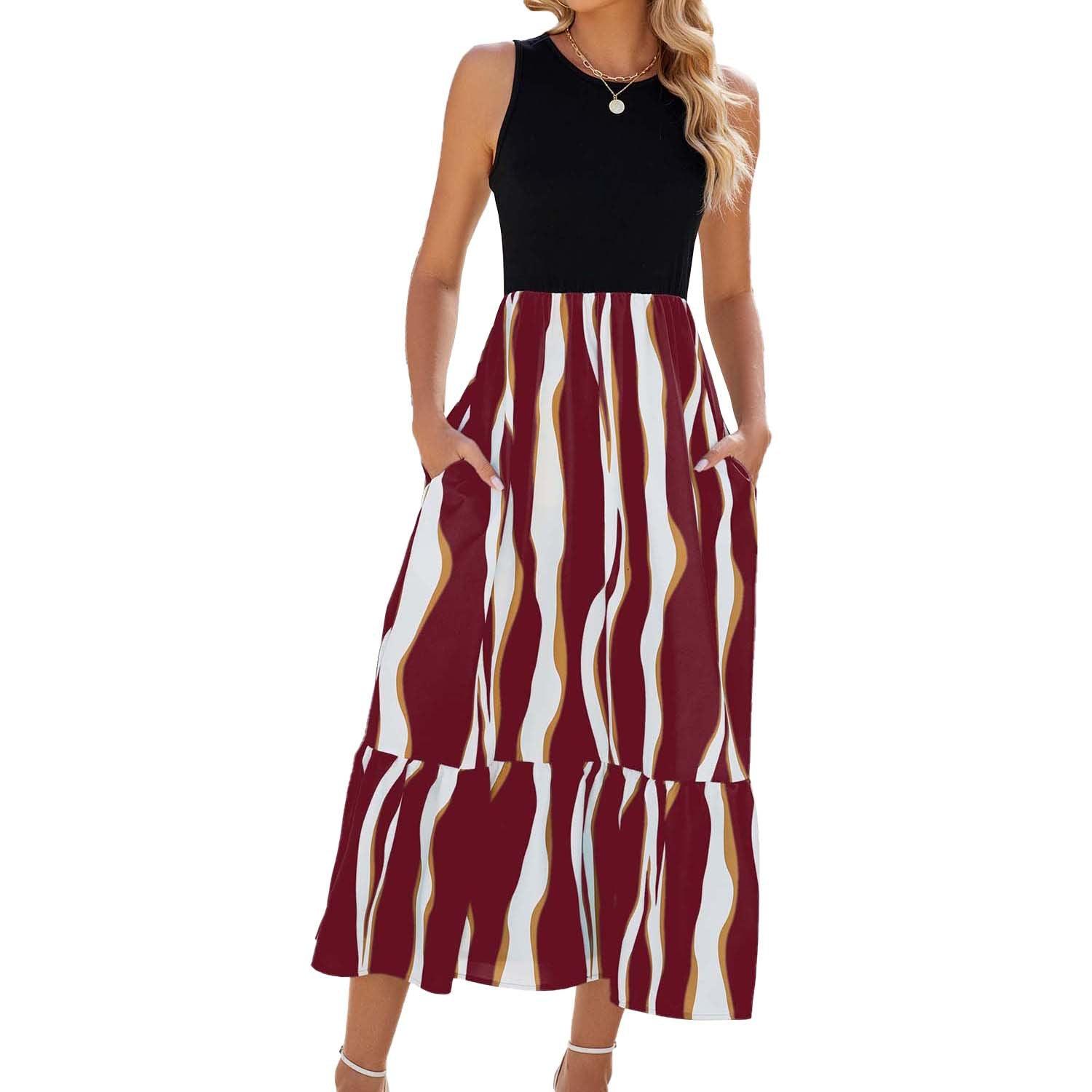 Round Neck Sleeveless Long Dress Summer Fashion Striped Print Dresses Womens Clothing - J Micheal