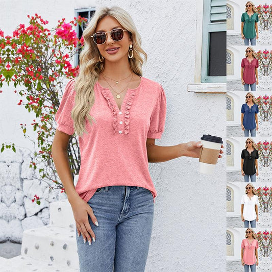New Solid Color V Neck Button Top Women's Fashion Short Sleeve T-Shirt Summer Womens Clothing - J Micheal