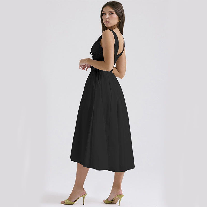 V-neck A-line Dress Summer Pleated Floral Print Tight Waist Swing Dresses With Pockets Womens Clothing - J Micheal