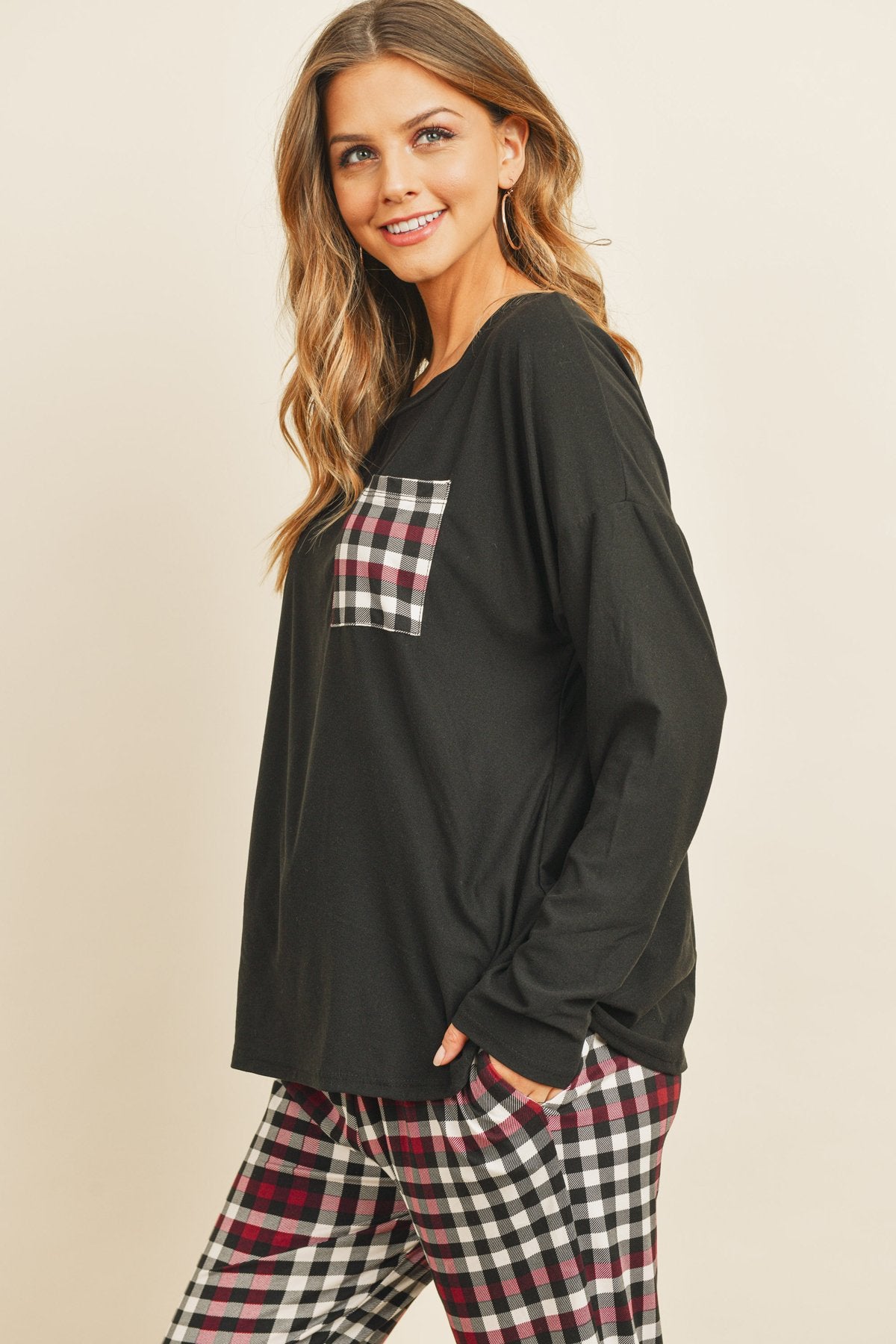 Solid Top Plaid Pocket and Joggers Set With Self Tie - J Micheal