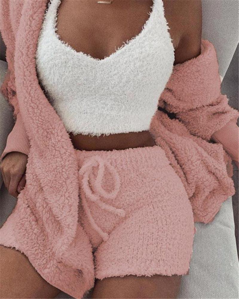 3pcs Womens Clothing Long Sleeve Crop Tank Top And Drawstring Shorts Pajama Set - J Micheal