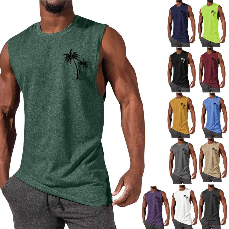 Coconut Tree Embroidery Vest Summer Beach Tank Tops Workout Muscle Men Sports Fitness T-shirt - J Micheal