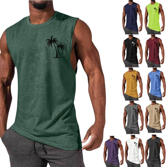 Coconut Tree Embroidery Vest Summer Beach Tank Tops Workout Muscle Men Sports Fitness T-shirt - J Micheal