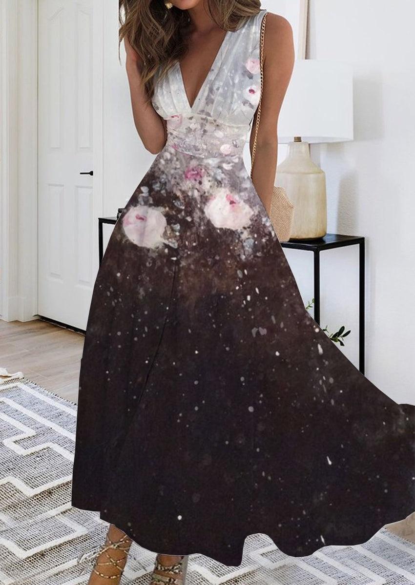 Summer New V-neck Fashion Digital Printing Maxi Dress - J Micheal