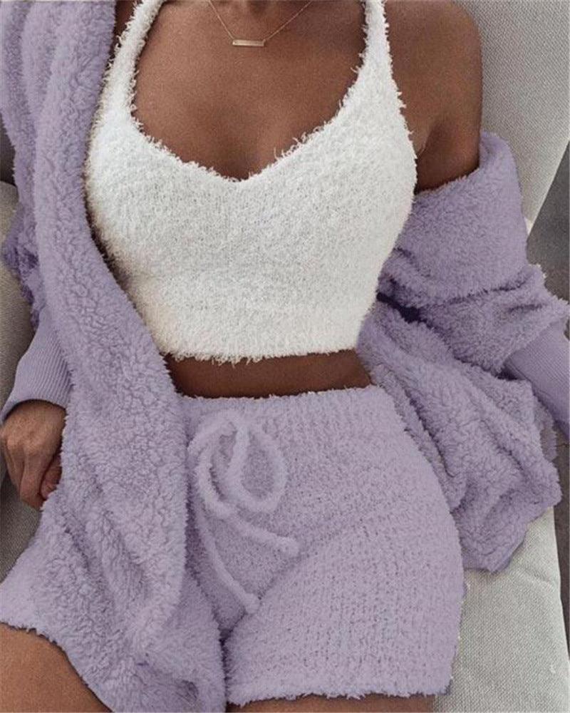 3pcs Womens Clothing Long Sleeve Crop Tank Top And Drawstring Shorts Pajama Set - J Micheal