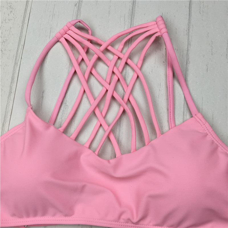 cut out Bikinis Sexy pink bandage cut out Halter bikini swimsuit women cross Women's swimwear swimming suit - J Micheal
