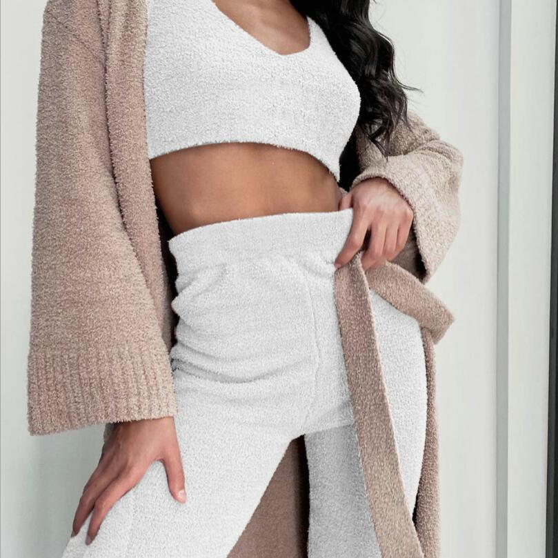 3pcs Womens Clothing Long Sleeve Crop Tank Top And Drawstring Shorts Pajama Set - J Micheal