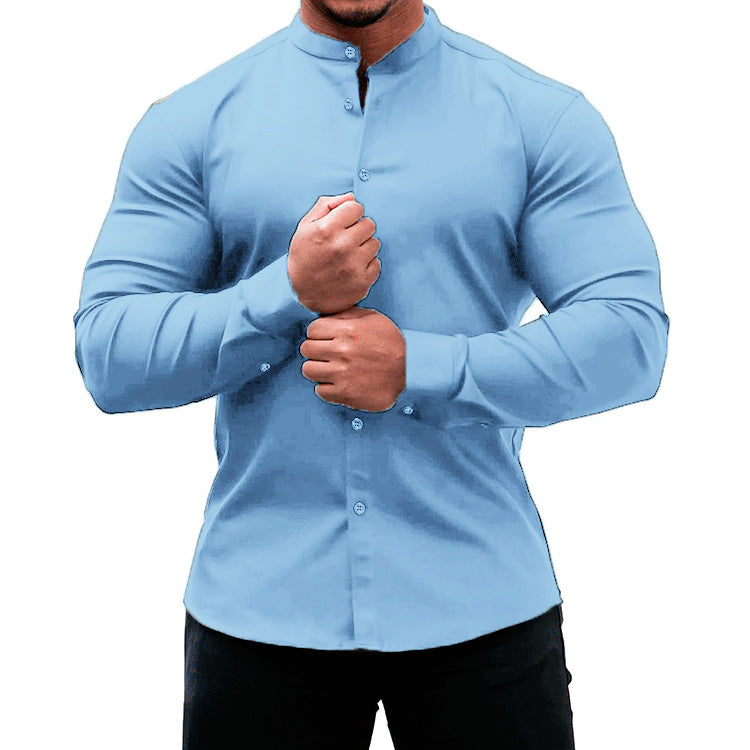 Long Sleeve Shirt Men Casual Button Down Slim Tops Solid Color Casual Mens Clothing - J Micheal