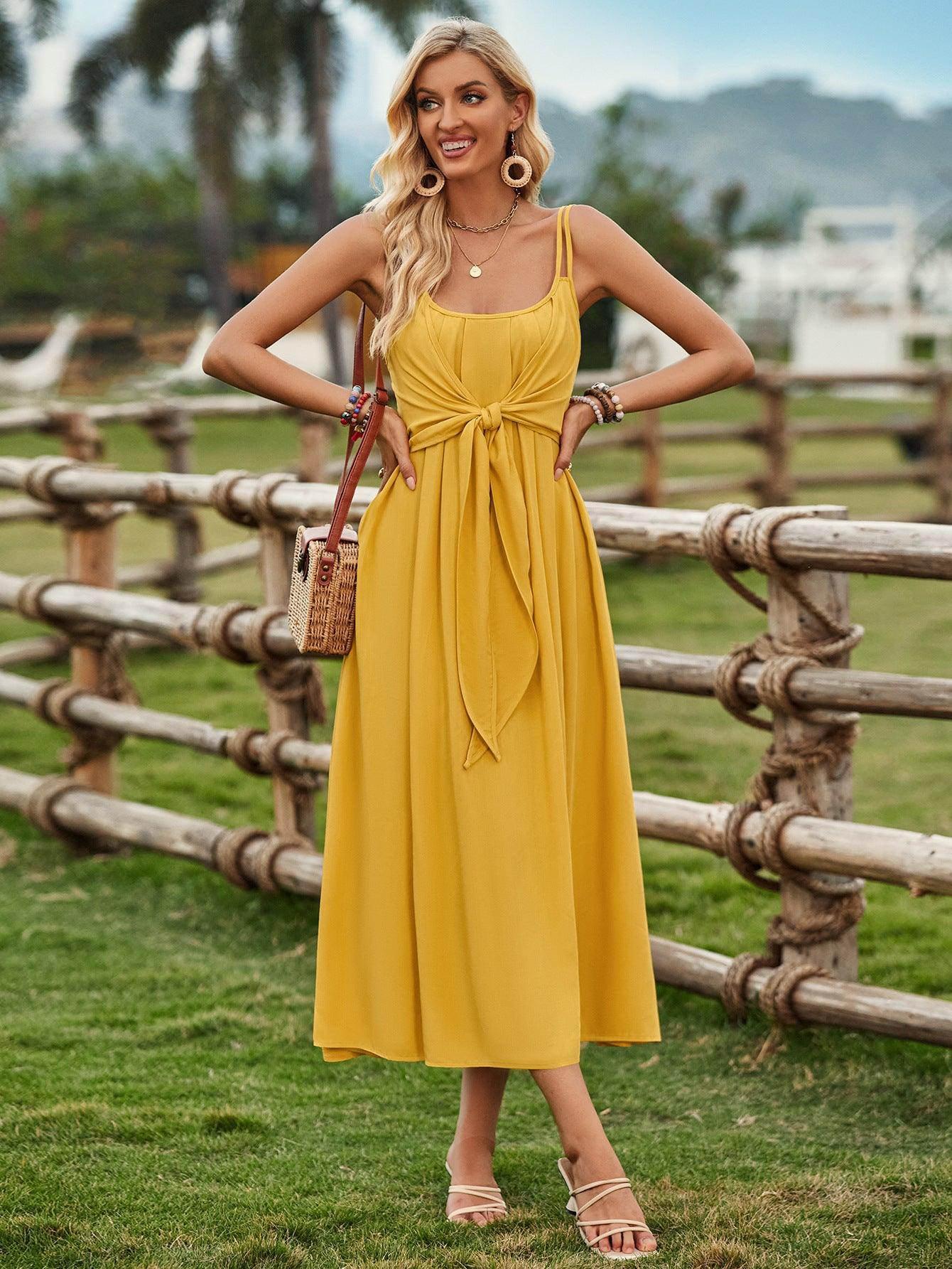 Solid Color Suspender Long Dress Spring And Summer Bow Waist Tie Design Dress Womens Clothing - J Micheal